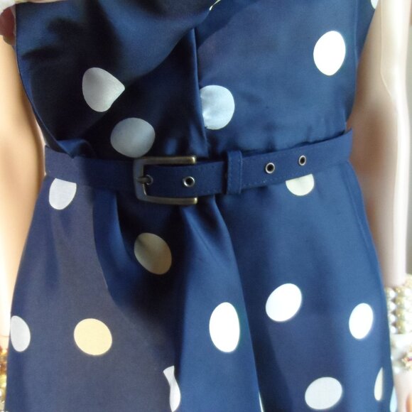 Kate Spade Navy Blue Multi Polka Dot Belted A Line Dress w/Front Ruffle Size 0 - Picture 11 of 16